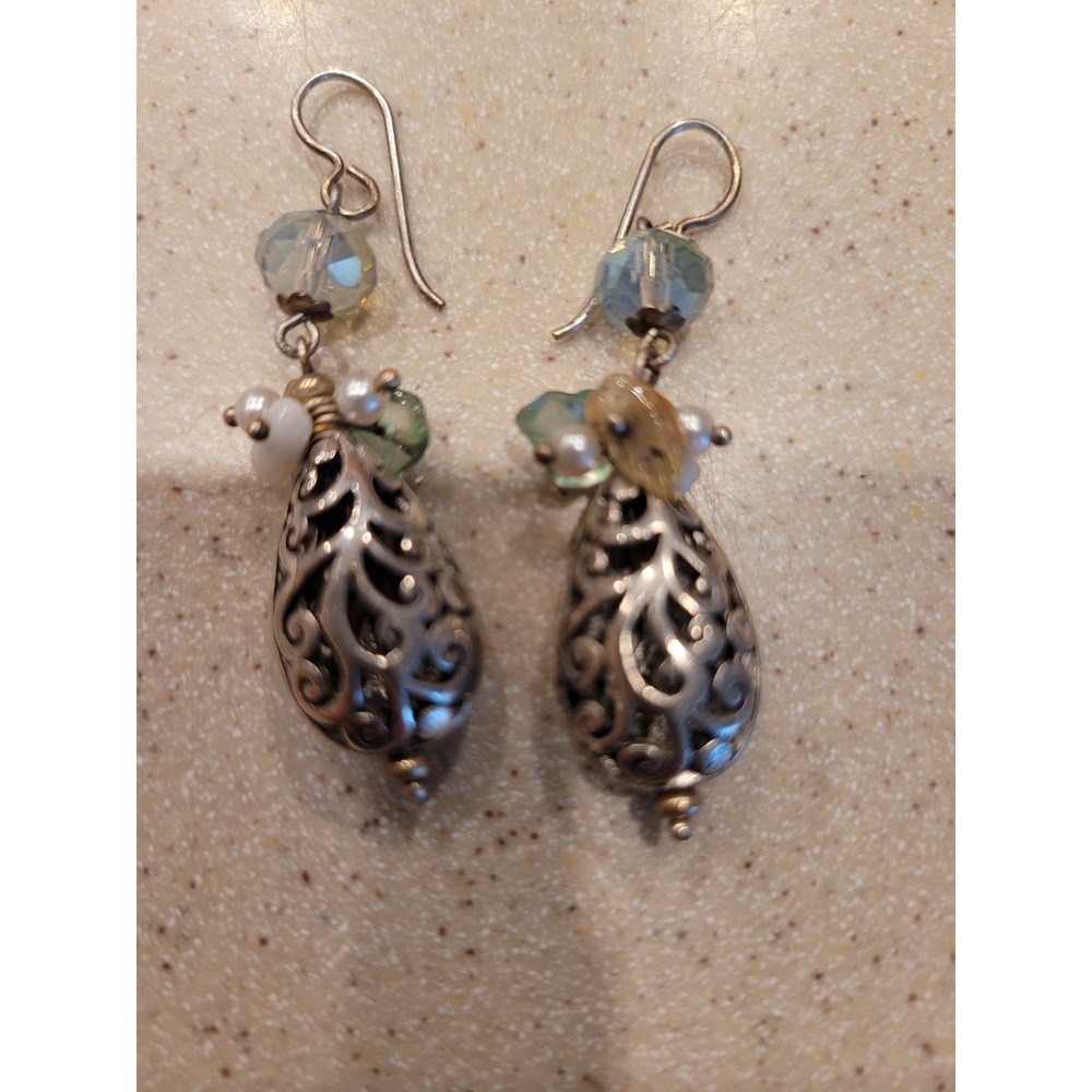 Vintage Style Silver Filigree Teardrop Drop Earrings Iridescent Bead Pearl Boho